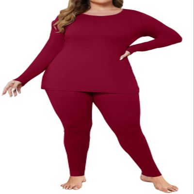 Ekouaer Women Plus Size Thermal Underwear Set SoftLong Johns Sets Light Fleece Lined Base Layer Top & Bottom Pajama Set Wine Red 16W