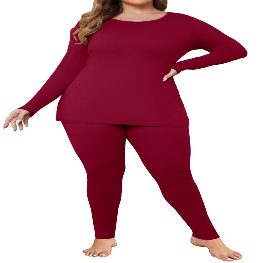 Ekouaer Women Plus Size Thermal Underwear Set SoftLong Johns Sets Light Fleece Lined Base Layer Top & Bottom Pajama Set Wine Red 16W