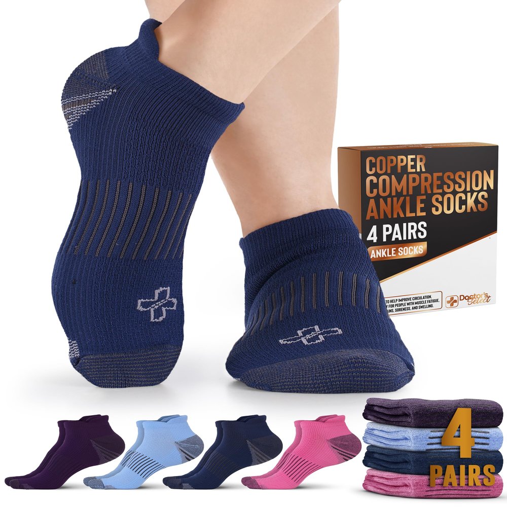 Doctor's Select Copper Compression Socks for Women and Men - 4 Pairs | Arch Support | Ankle Socks | Blue, Light Blue, Purple, Pink