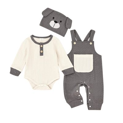 FOCUTEBB 12 18 Month Baby Boy Clothes Fall Winter Outfits Suspenders Pants Set Long Sleeve Cute Romper + Pocket Overalls + Hat With Dog Ears 3 Pcs Set Cute Cartoon Clothing Set Grey 12-18 Months