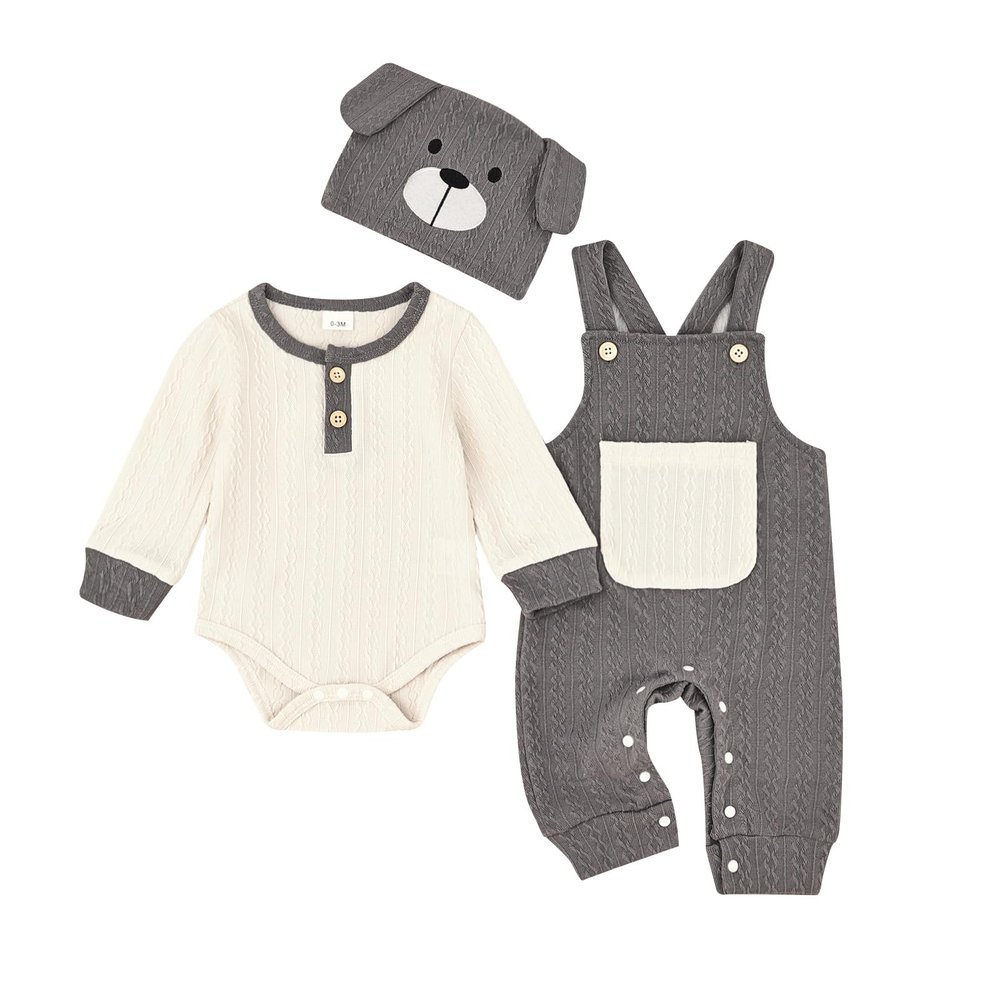 FOCUTEBB 12 18 Month Baby Boy Clothes Fall Winter Outfits Suspenders Pants Set Long Sleeve Cute Romper + Pocket Overalls + Hat With Dog Ears 3 Pcs Set Cute Cartoon Clothing Set Grey 12-18 Months