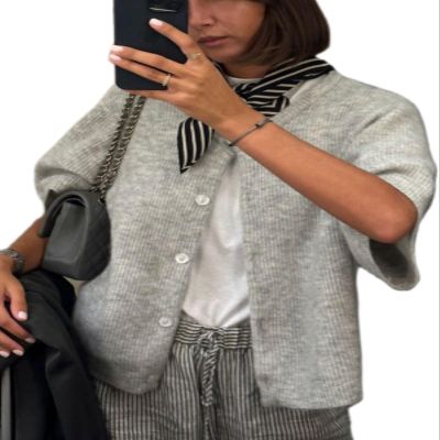 Women Knit Crop Cardigan Short Sleeve Button Down Sweater Open Front Pullover Top Fall Streetwear Blouse(Grey,XL)