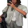 Women Knit Crop Cardigan Short Sleeve Button Down Sweater Open Front Pullover Top Fall Streetwear Blouse(Grey,XL) view 1