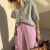 Women Knit Crop Cardigan Short Sleeve Button Down Sweater Open Front Pullover Top Fall Streetwear Blouse(Grey,XL) view 4