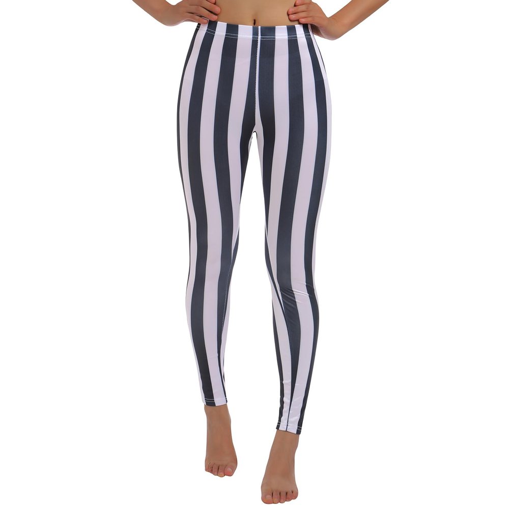 OBEEII Womens Black White Striped Legging Pants High Waist Vertical Striped Tights Halloween Fancy Dress Costume Black+White XXL