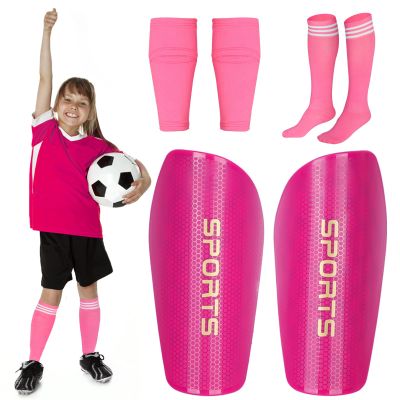 Soccer Shin Guards Toddler and Kids, Shin Pads Set with Shin Sleeves and Long Soccer Socks for Age 2-4 Boys and Girls, Lightweight Soccer Equipment (Rose Red, S)