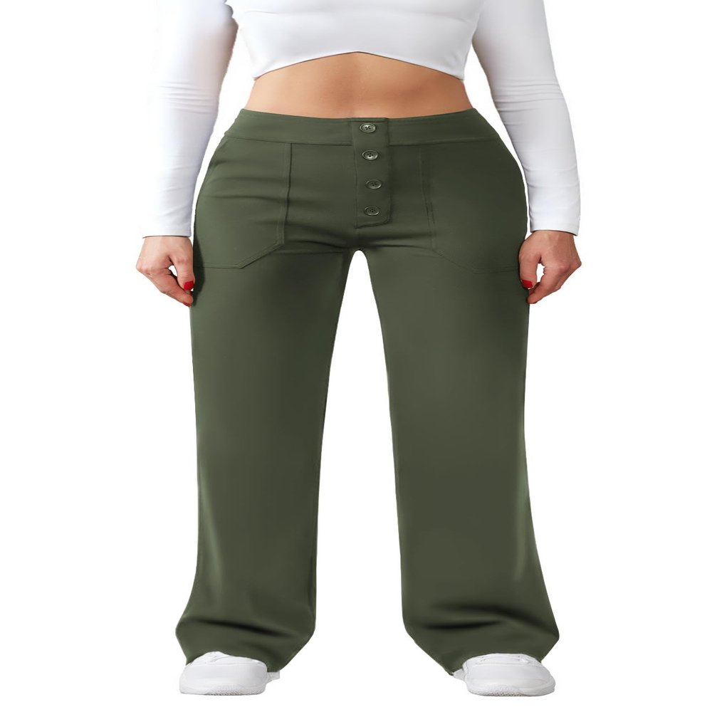 JEKAOYI Womens Casual High Waist Straight Leg Pants Stretchy Button Business Dress Work Pocket Trousers Olive-Green