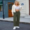 JEKAOYI Womens Casual High Waist Straight Leg Pants Stretchy Button Business Dress Work Pocket Trousers Olive-Green view 2