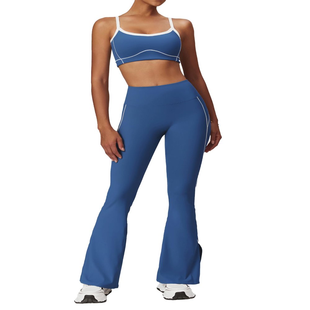ABOCIW Workout Sets for Women 2 Piece Contrast Piping Sports Bra High Wasit Split hem Flared Leggings Gym Yoga Outfits Blue Large