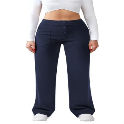 JEKAOYI Womens Casual High Waist Straight Leg Pants Stretchy Button Business Dress Work Pocket Trousers Navy Blue