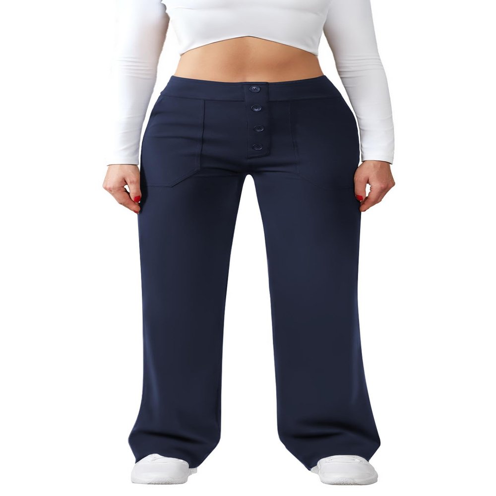 JEKAOYI Womens Casual High Waist Straight Leg Pants Stretchy Button Business Dress Work Pocket Trousers Navy Blue