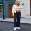 JEKAOYI Womens Casual High Waist Straight Leg Pants Stretchy Button Business Dress Work Pocket Trousers Navy Blue view 2