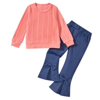 HINTINA 3T Girl Clothes Toddler Little Girls Fall Outfits Pink Sweatsuit Denim Bell Bottom Flared Jeans Pants Set Winter Clothing 3-4T Years