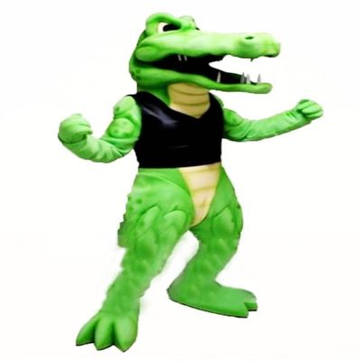 Green Power Crocodile Mascot Costume in Black Vest Adult Size for Men & Women with Built-in Fan Inside the Head