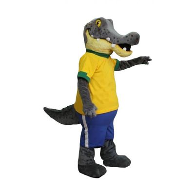Gray Crocodile Mascot Costume in Yellow Shirt Adult Size for Men & Women with Built-in Fan Inside the Head