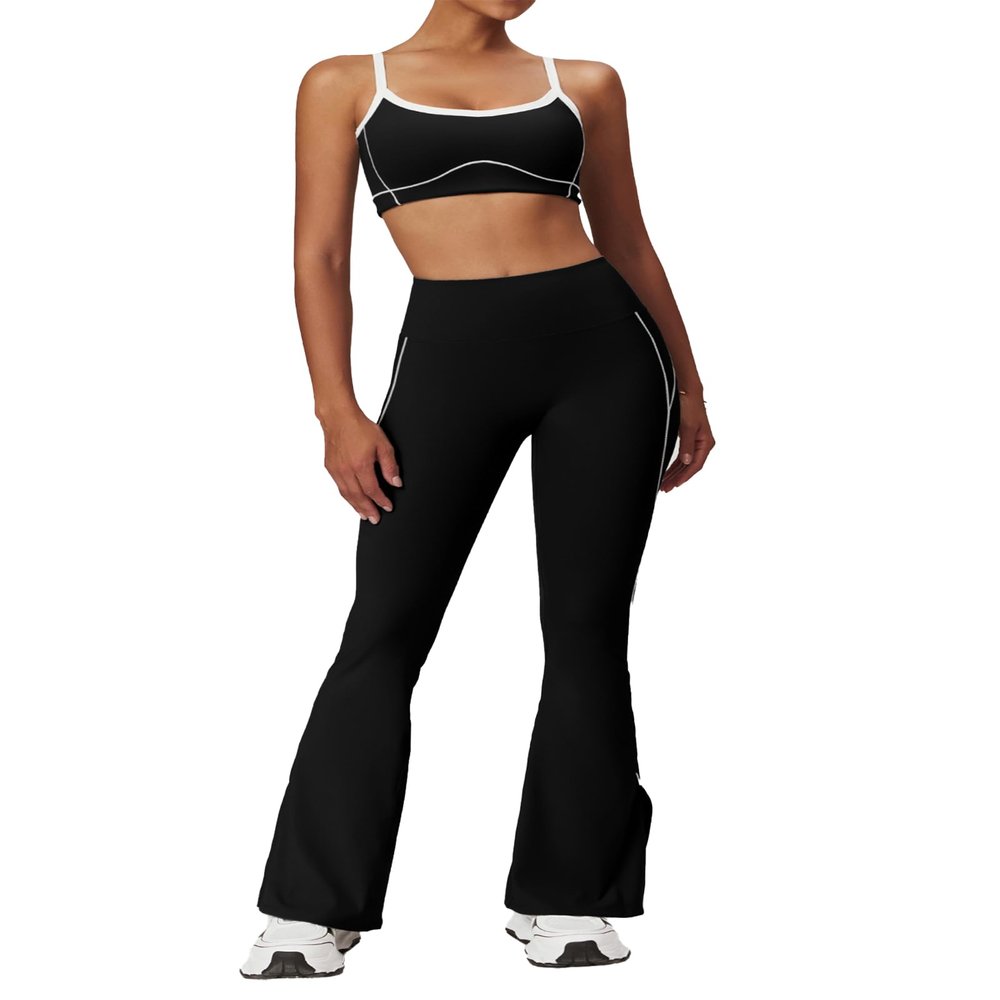 ABOCIW Workout Sets for Women 2 Piece Contrast Piping Sports Bra High Wasit Split hem Flared Leggings Gym Yoga Outfits Black Large