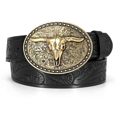 Western Leather Belt for Men Women Cowgirl Cowboy Belt Men Rodeo Western Leather Longhorn Bull Buckle Belt Leather Christmas Gifts Country Belts for Jeans