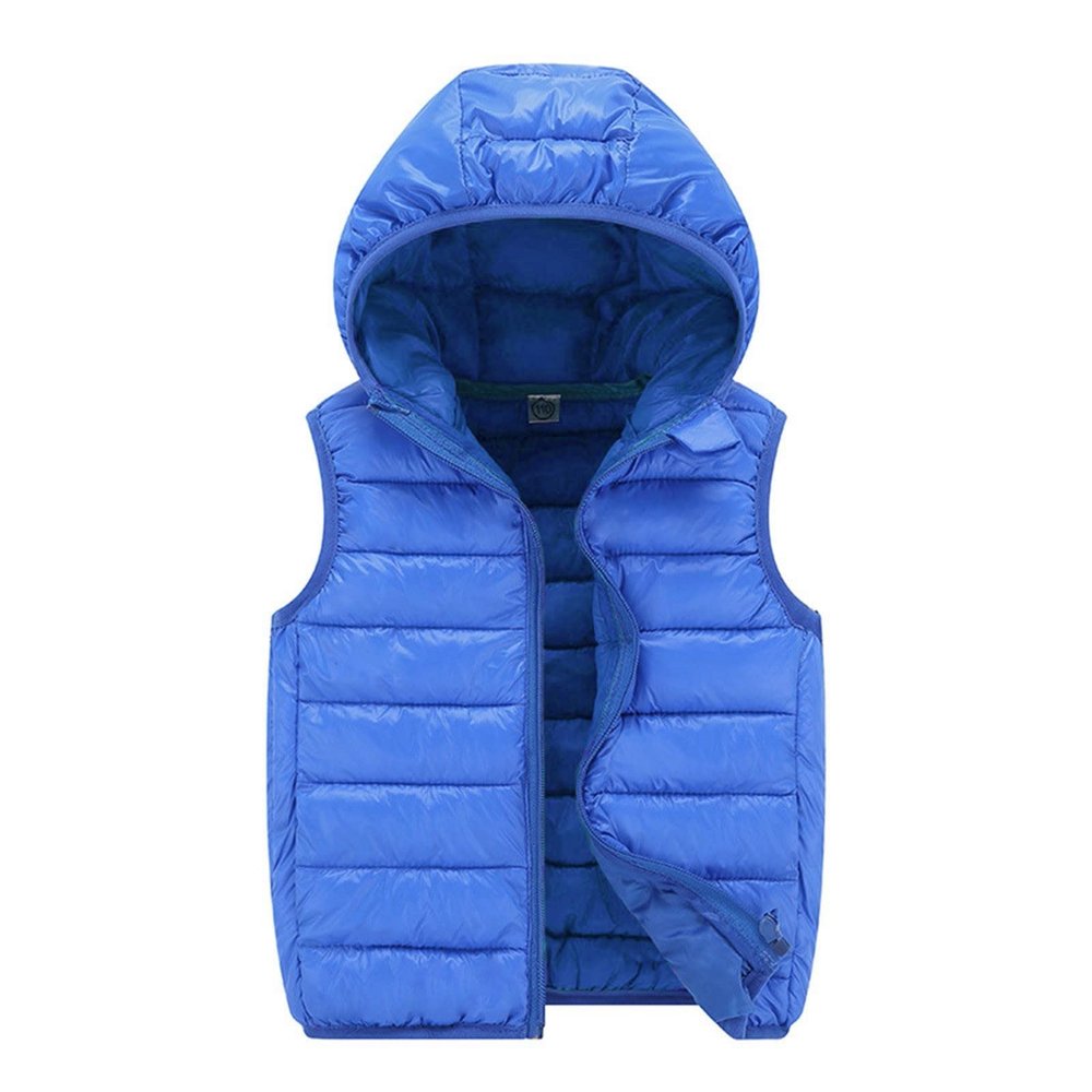 KAGAYD Kids Boys Girls Puffer Hooded Vest Winter Warm Sleeveless Padded Vest Jacket Solid Color Zip-up (Blue, 4-5 Years)