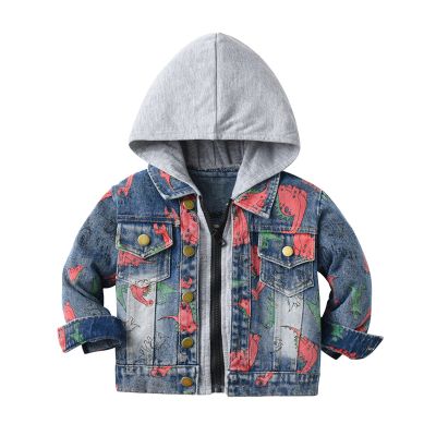 Boys Cartoon Dinosaur Print Denim Jacket with Hood Kids Toddler Long Sleeve Button Down Jean Outwear (B, 18-24 Months)