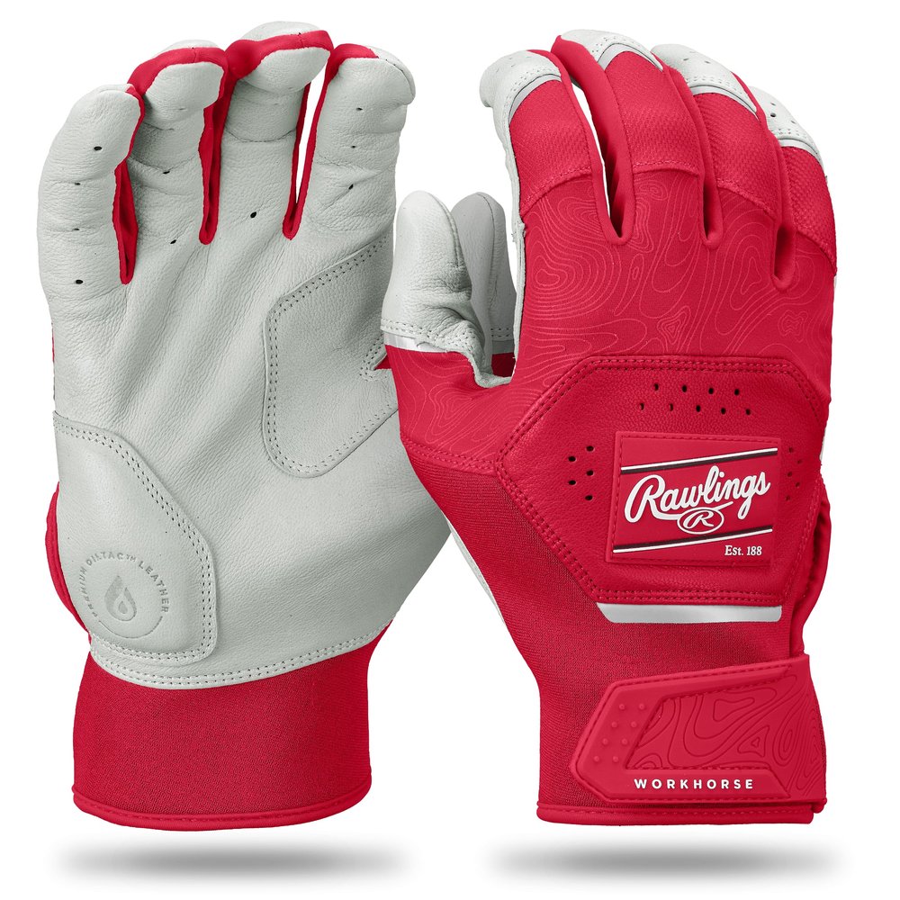 Rawlings | Adult Workhorse Baseball Batting Gloves | White/Scarlet | SML
