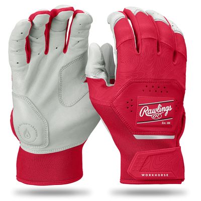 Rawlings | Youth Workhorse Baseball Batting Gloves | White/Scarlet | XLRG