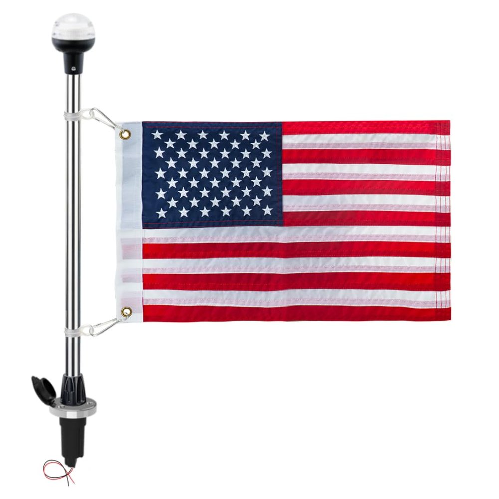Pactrade Marine Navigation Lights for Boats LED - 24-Inch White LED Stern Light/LED Anchor Light with Removable Flat-Top Base and American Flag 12x18 Inches (78 LM, 2 NM) | Boat Navigation Lights