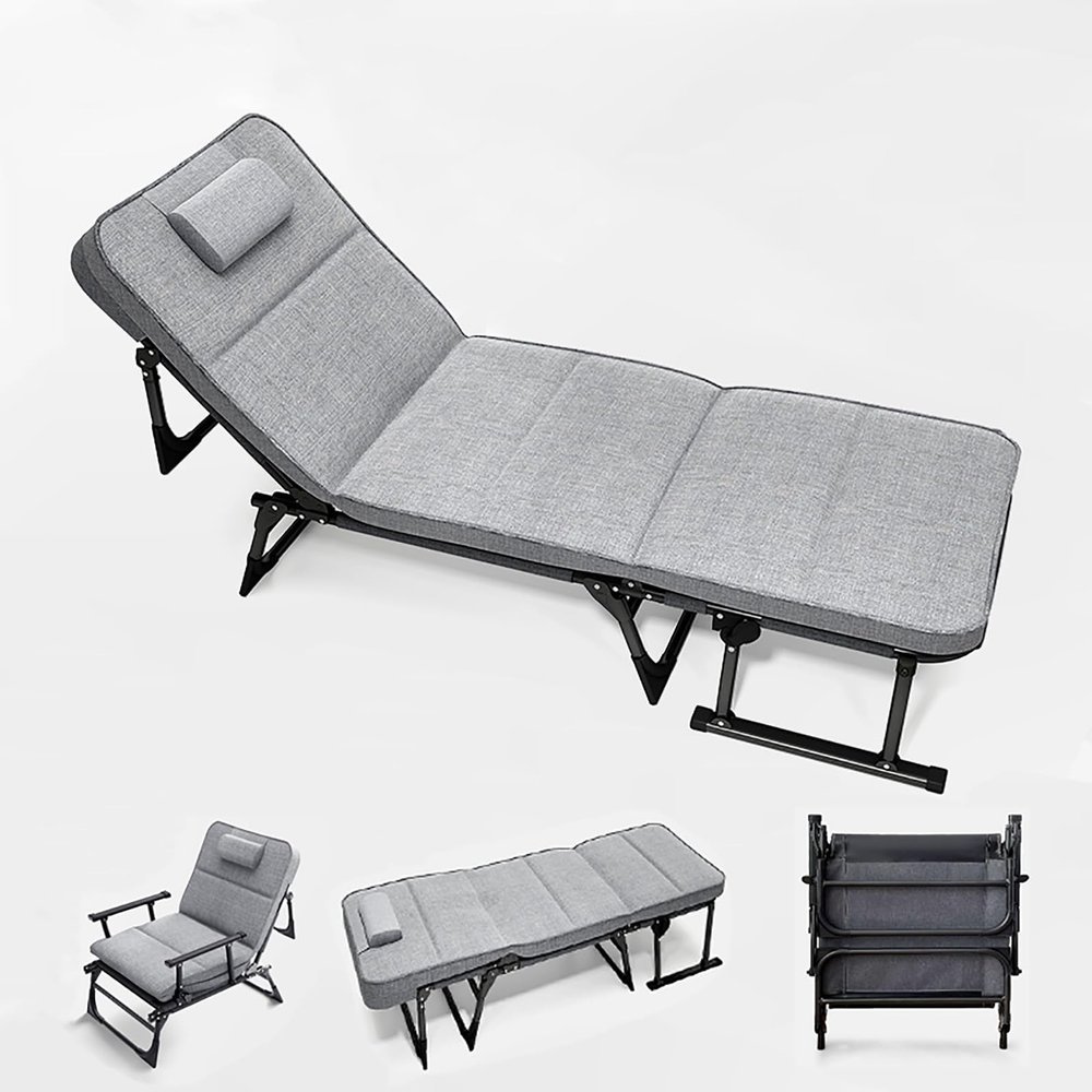 Sleeping Cots for Adults, Folding Camping Cot, Single Person Portable Fold Up Bed with Mattress, 6 Adjustable Positions, Folding Reclining Lounger for Camp, Travel, Beach, Patio, Office, Home Naps