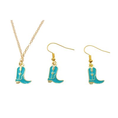 ChungLong0593 Western Cowgirl Boots Necklace Earrings Set Women's Fashion Jewelry - Blue