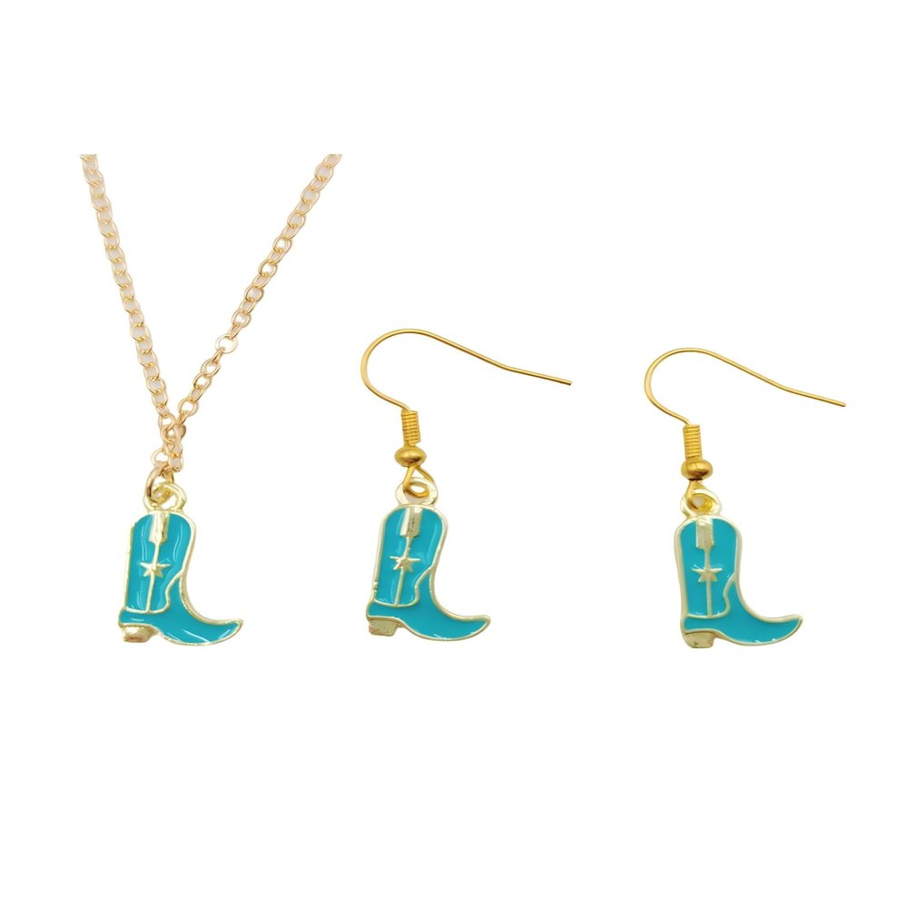 ChungLong0593 Western Cowgirl Boots Necklace Earrings Set Women's Fashion Jewelry - Blue