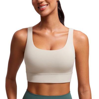 CRZ YOGA Butterluxe U Back Longline Sports Bras for Women - Scoop Neck Padded Yoga Workout Crop Top with Built in Pads Mojave Tan Medium
