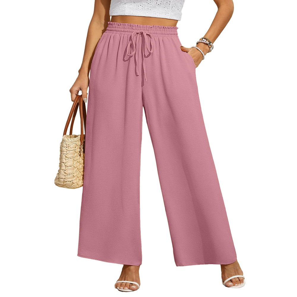 CZYINXIAN Trendy Wide Leg Dress Pants for Women Casual High Waist Trousers Pants with Pockets(Pink, Large)