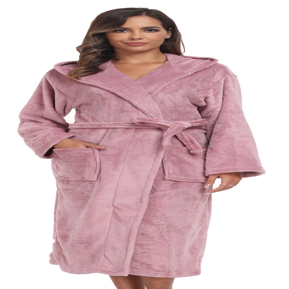 UrHot Womens Hooded Plush Bathrobe Warm Fleece Soft Long Robe Fuzzy Full Length Gown Shower Spa House Kimono for Women