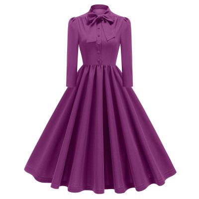 ODIZLI Women's Purple 3/4 Puff Sleeve Tie Neck Swing Dress 1950s Retro Midi Dress 50s Dresses for Women Cocktail Evening Garden Tea Party Dress 2XL