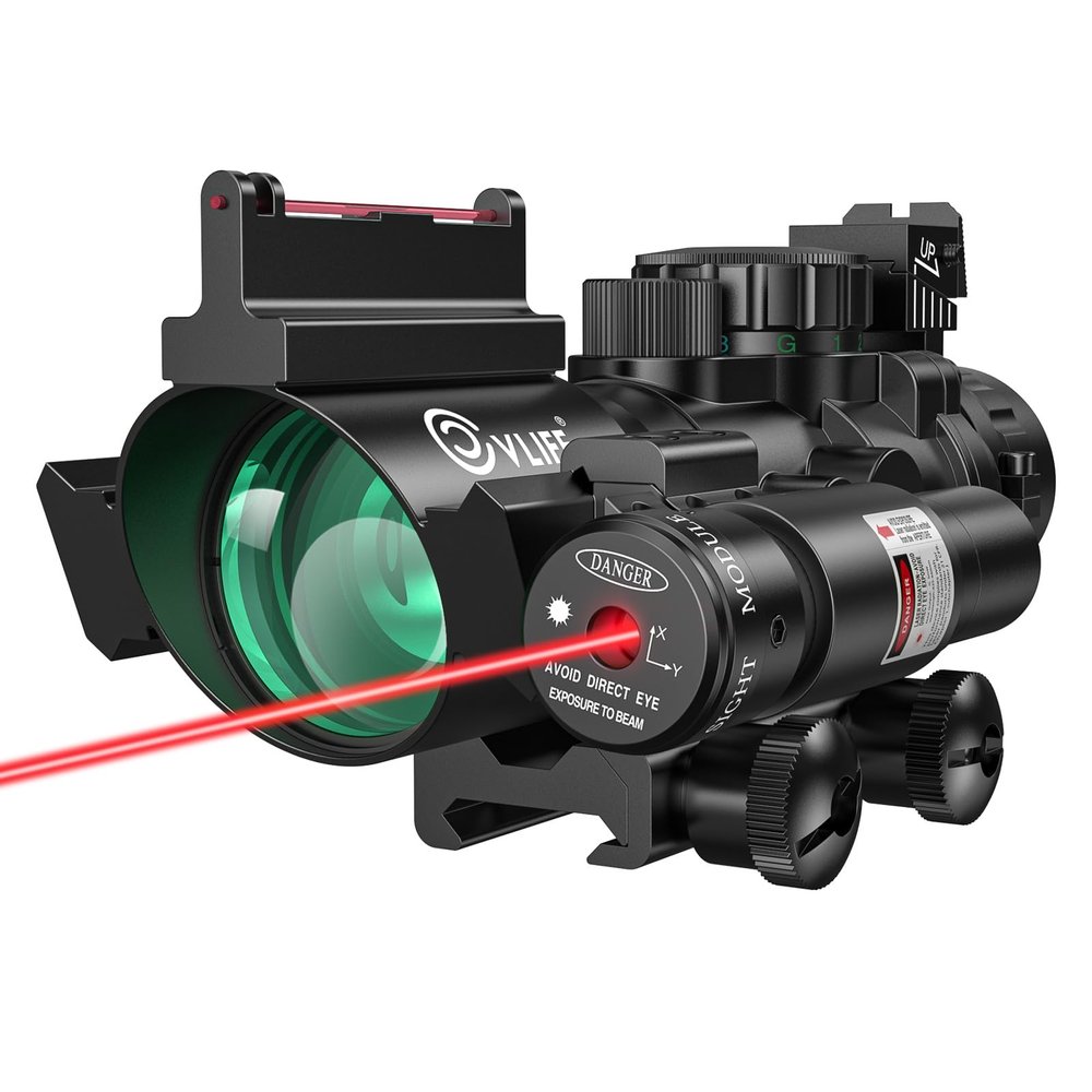CVLIFE 4x32 Prism Scope Red & Green & Blue Illuminated BDC Reticle Scope with Fiber Optic Sight & IIIA/2MW Red Laser Sight