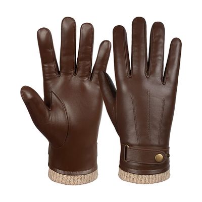 AZYOUNG Winter Men's Sports and Leisure Warm Gloves Made of Genuine Leather with Thick Velvet and Fashionable Sheepskin Gloves (Brown, Large)
