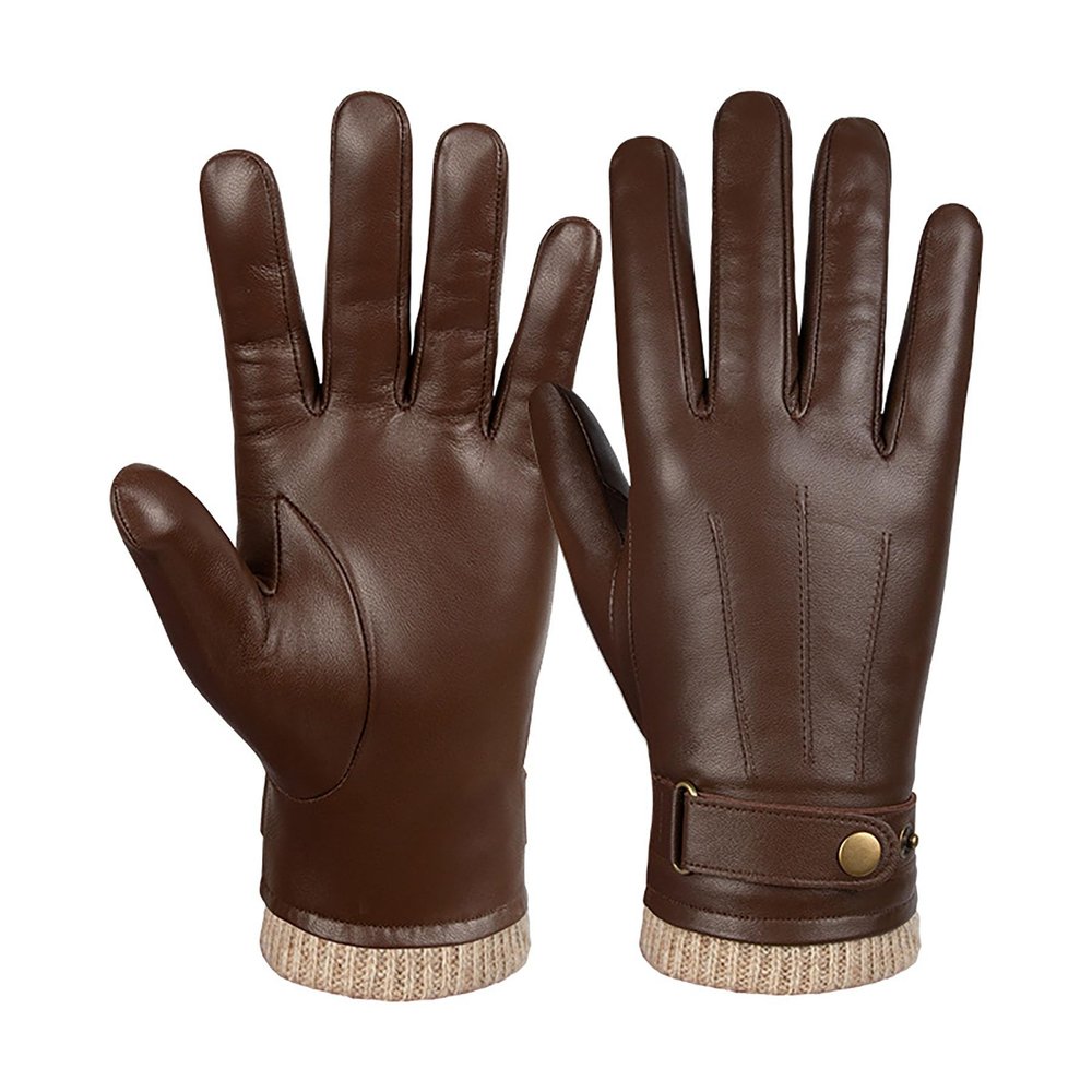AZYOUNG Winter Men's Sports and Leisure Warm Gloves Made of Genuine Leather with Thick Velvet and Fashionable Sheepskin Gloves (Brown, Large)