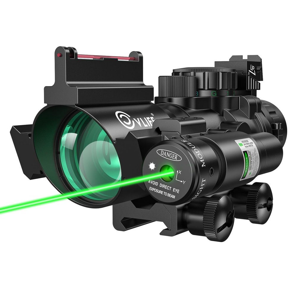 CVLIFE 4x32 Prism Scope with Illuminated Red, Green & Blue Reticles, Fiber Optic Sight & IIIA/2MW Green Laser Sight