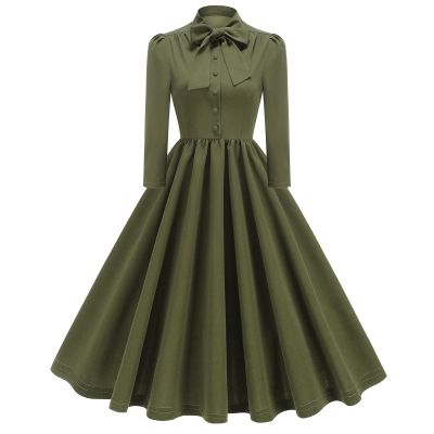 50s Style Dresses for Women Vintage 3/4 Sleeve Tie Neck Swing Dress Midi Prom Dress Tea Party Dress Audrey Hepburn Dress for Cocktail Work Garden Party Dresses for Women Wedding Army Green 2XL