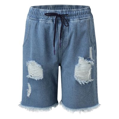 Men's Drawstring Elastic Waist Ripped Denim Shorts Raw Hem Frayed Jean Shorts Classic Fit Distressed Shorts Jeans (Light Blue,Small)