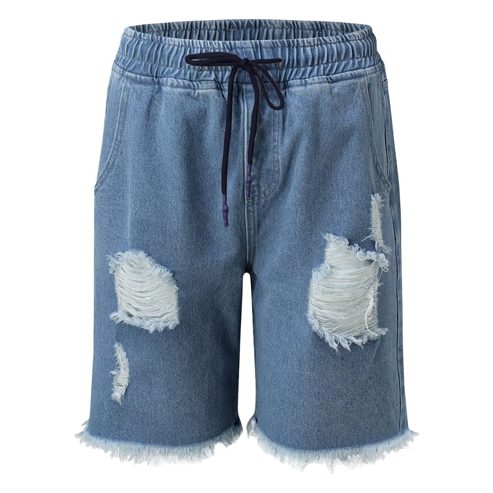 Men's Drawstring Elastic Waist Ripped Denim Shorts Raw Hem Frayed Jean Shorts Classic Fit Distressed Shorts Jeans (Light Blue,Small)