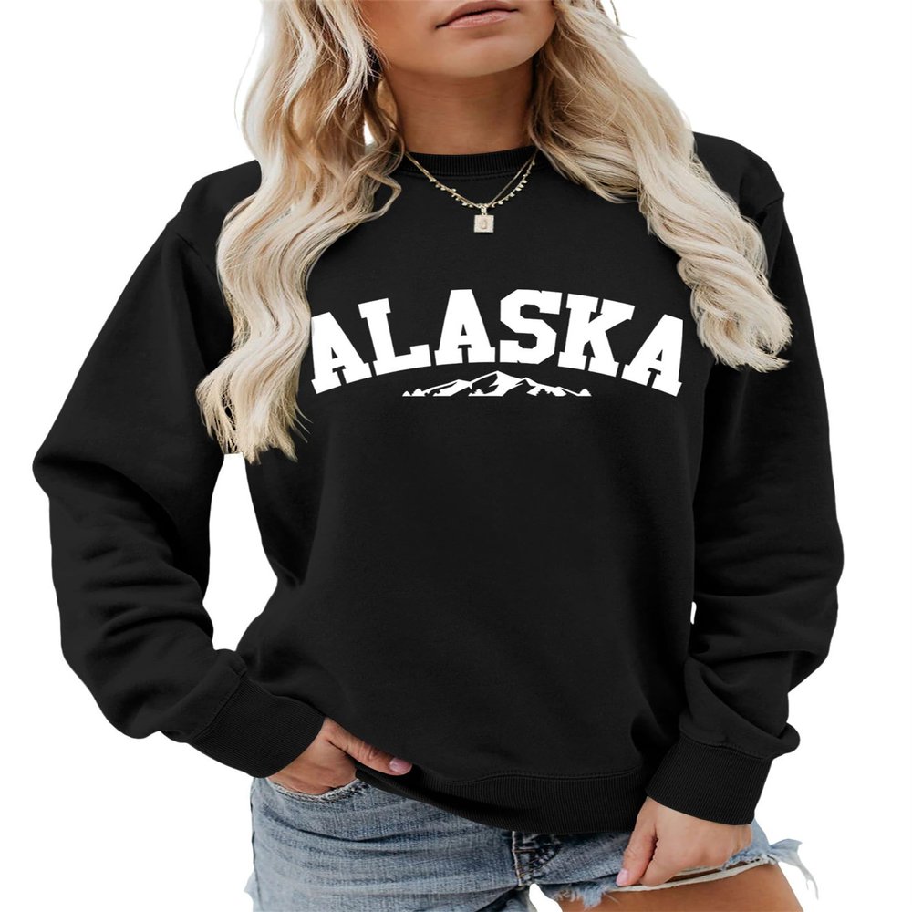 Pifnxtamy Sweatshirts for Women Alaska Letter Graphic Tees Retro Mountain Shirt Crewneck Sweater Long Sleeve Pullover Black