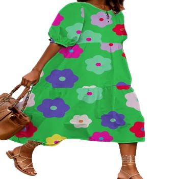 Akivide Women Casual Boho Floral Print Maxi Dress Summer Half Puff Sleeve Crewneck Tiered Swing Flowy Beach Loose Tshirt Long Dress Plus Size 2024