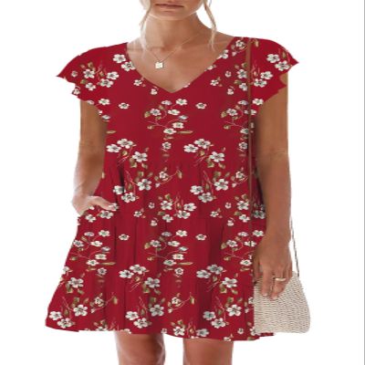 nclook Women's Summer Casual Ruffled Sleeve Dress with Pockets Sweet & Cute V-Neck Mini Dress Burgundy Floral