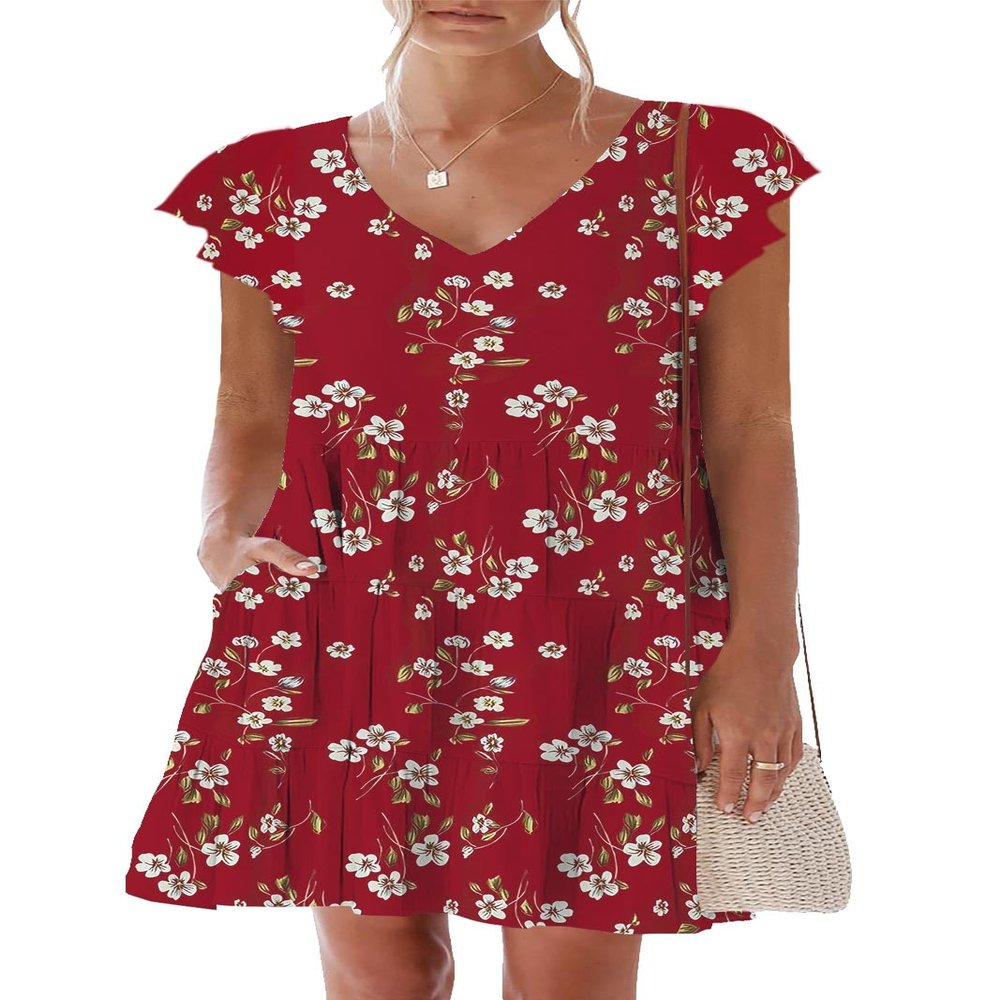 nclook Women's Summer Casual Ruffled Sleeve Dress with Pockets Sweet & Cute V-Neck Mini Dress Burgundy Floral