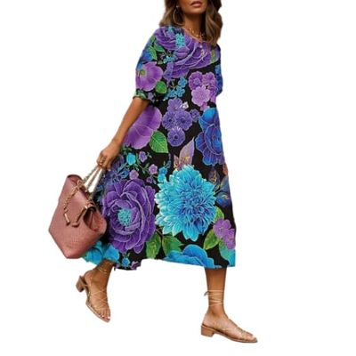 Akivide Women Casual Boho Floral Print Maxi Dress Summer Half Puff Sleeve Crewneck Tiered Swing Flowy Beach Loose Tshirt Long Dress Plus Size 2024