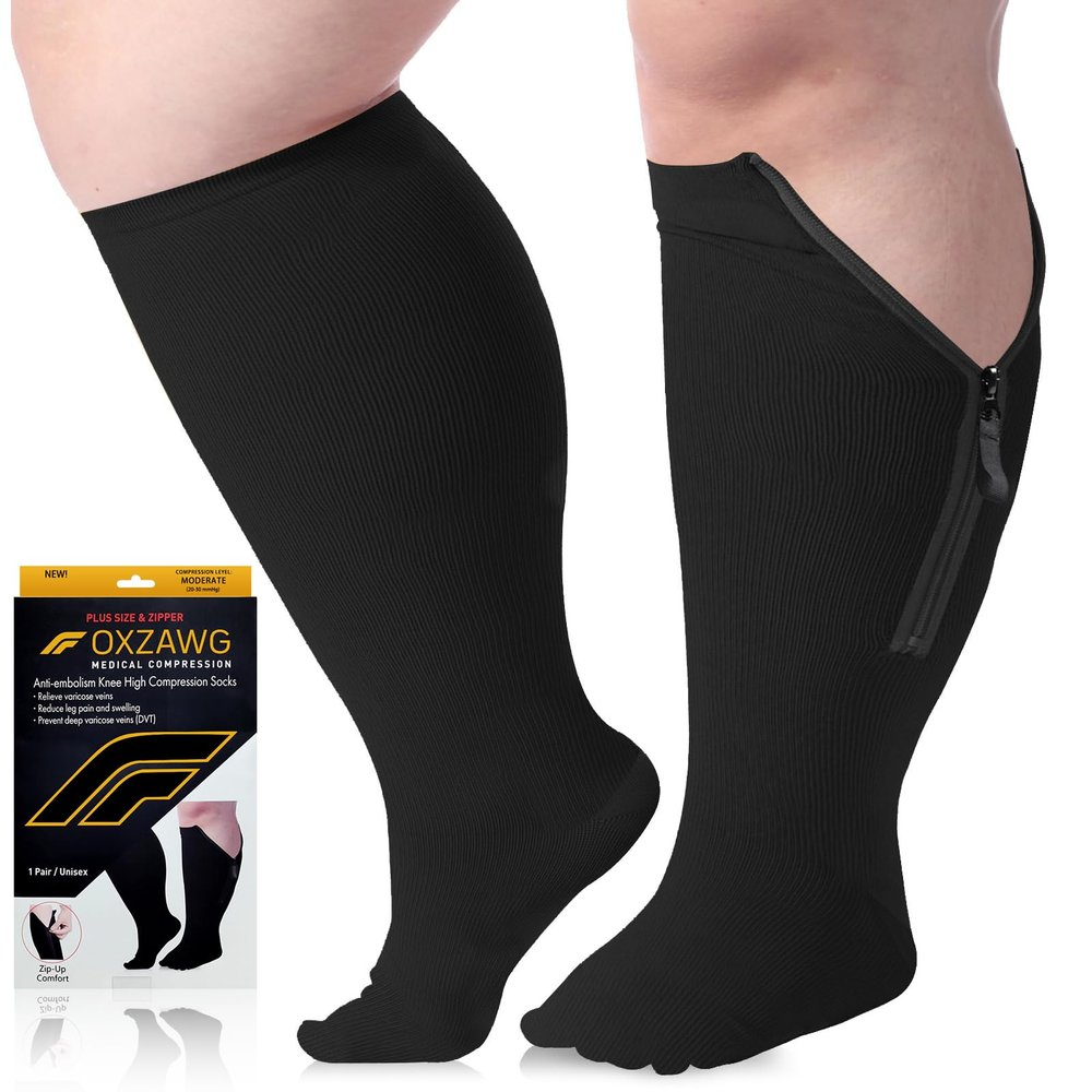 Oxzawg Zipper Plus Size Compression Socks for Women Men Wide Calf, 15 mmHg Knee High Graduated Support for Circulation