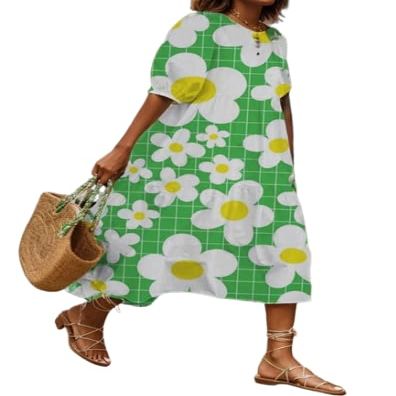 Akivide Women Casual Boho Floral Print Maxi Dress Summer Half Puff Sleeve Crewneck Tiered Swing Flowy Beach Loose Tshirt Long Dress Plus Size 2024