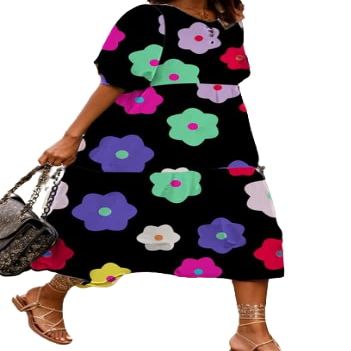 Akivide Women Casual Boho Floral Print Maxi Dress Summer Half Puff Sleeve Crewneck Tiered Swing Flowy Beach Loose Tshirt Long Dress Plus Size 2024