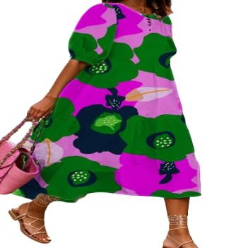 Akivide Women Casual Boho Floral Print Maxi Dress Summer Half Puff Sleeve Crewneck Tiered Swing Flowy Beach Loose Tshirt Long Dress Plus Size 2024