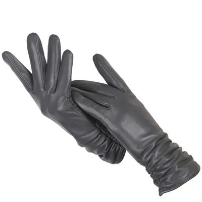 Classic Pleated Leather Gloves Women Color Genuine Leather Winter Gloves